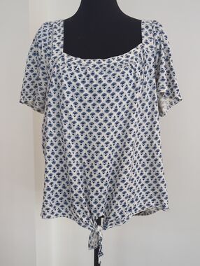 Lucky Brand Blue & White Tie-Hem Square Neck Blouse